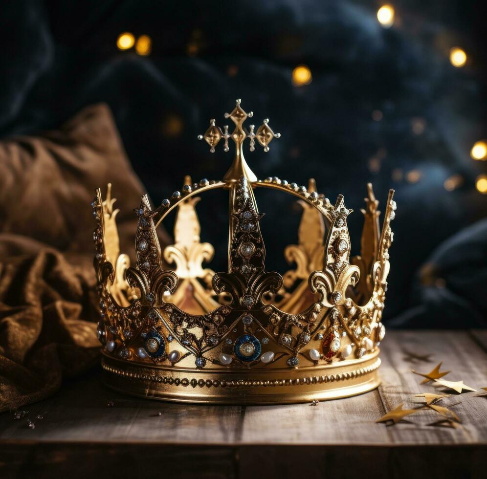 ai generiert ein Krone, oder ein König Krone, sitzt auf ein Tabelle mit Diamant funkelt, foto
