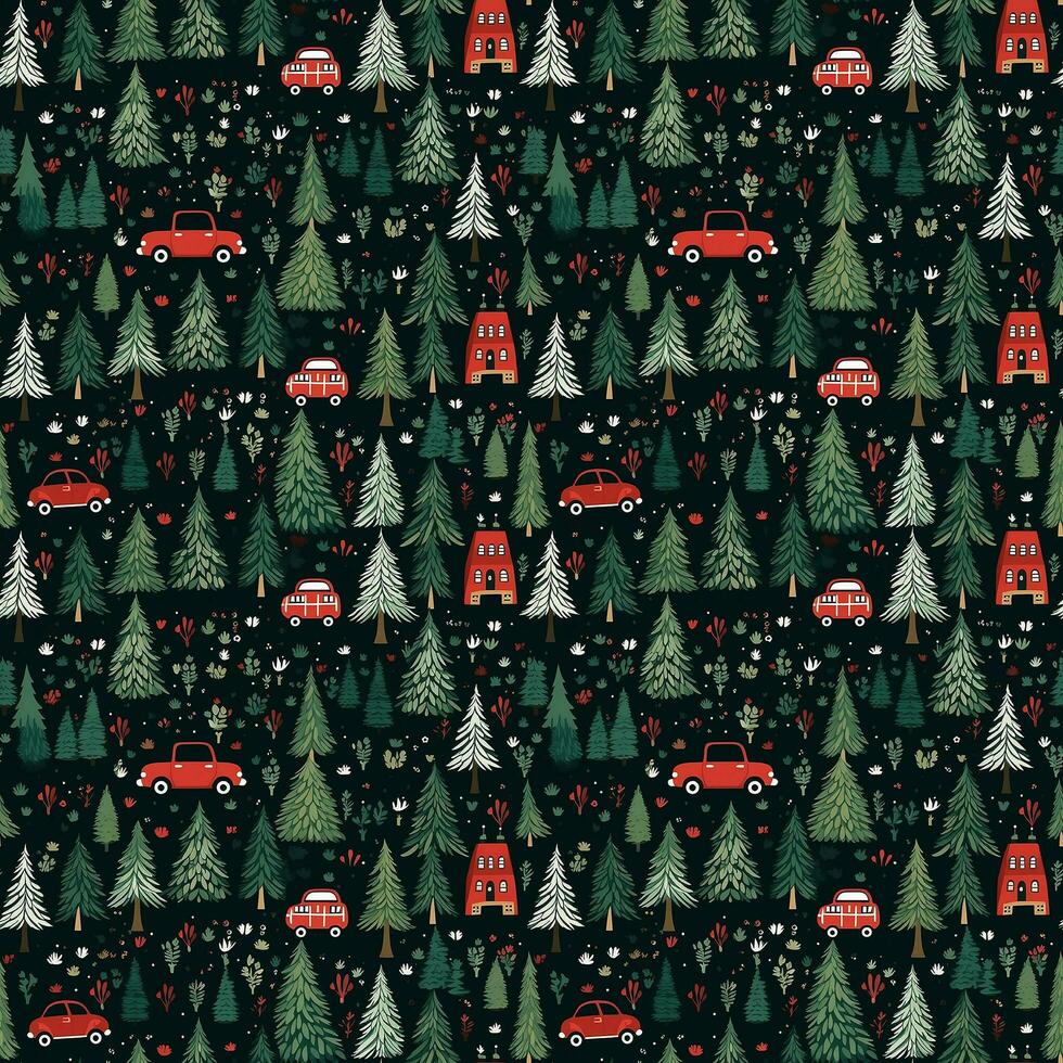 ai generiert ein Weihnachten Muster mit Autos und Bäume, nahtlos Muster Hintergrund foto