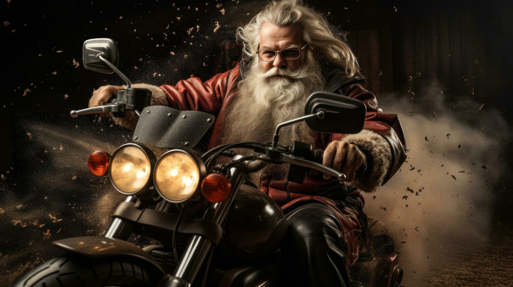 ai generiert Santa auf Motorrad mit groß schlecht. foto