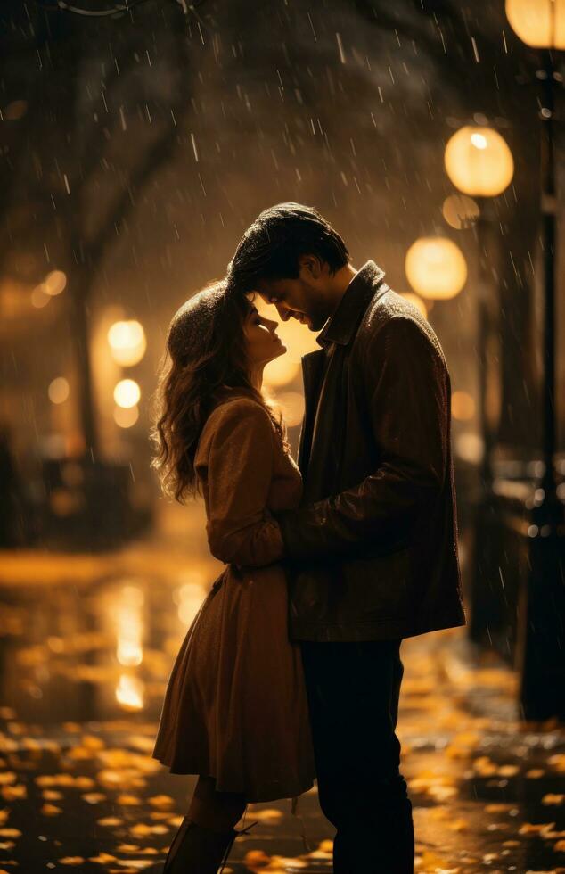 ai generiert romantisch Paar halten ein Regenschirm auf das Straße, foto