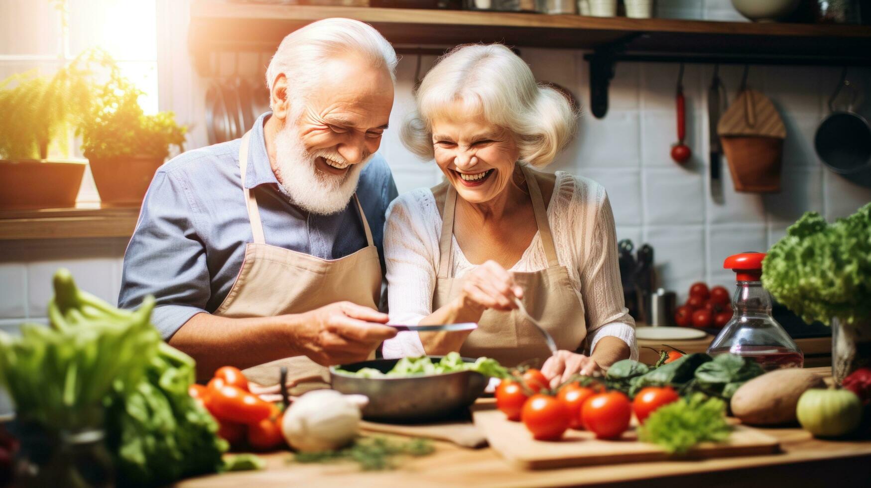 ai generiert ein Alten Paar ist gesehen Kochen Frühstück zusammen im ihr urig Küche foto