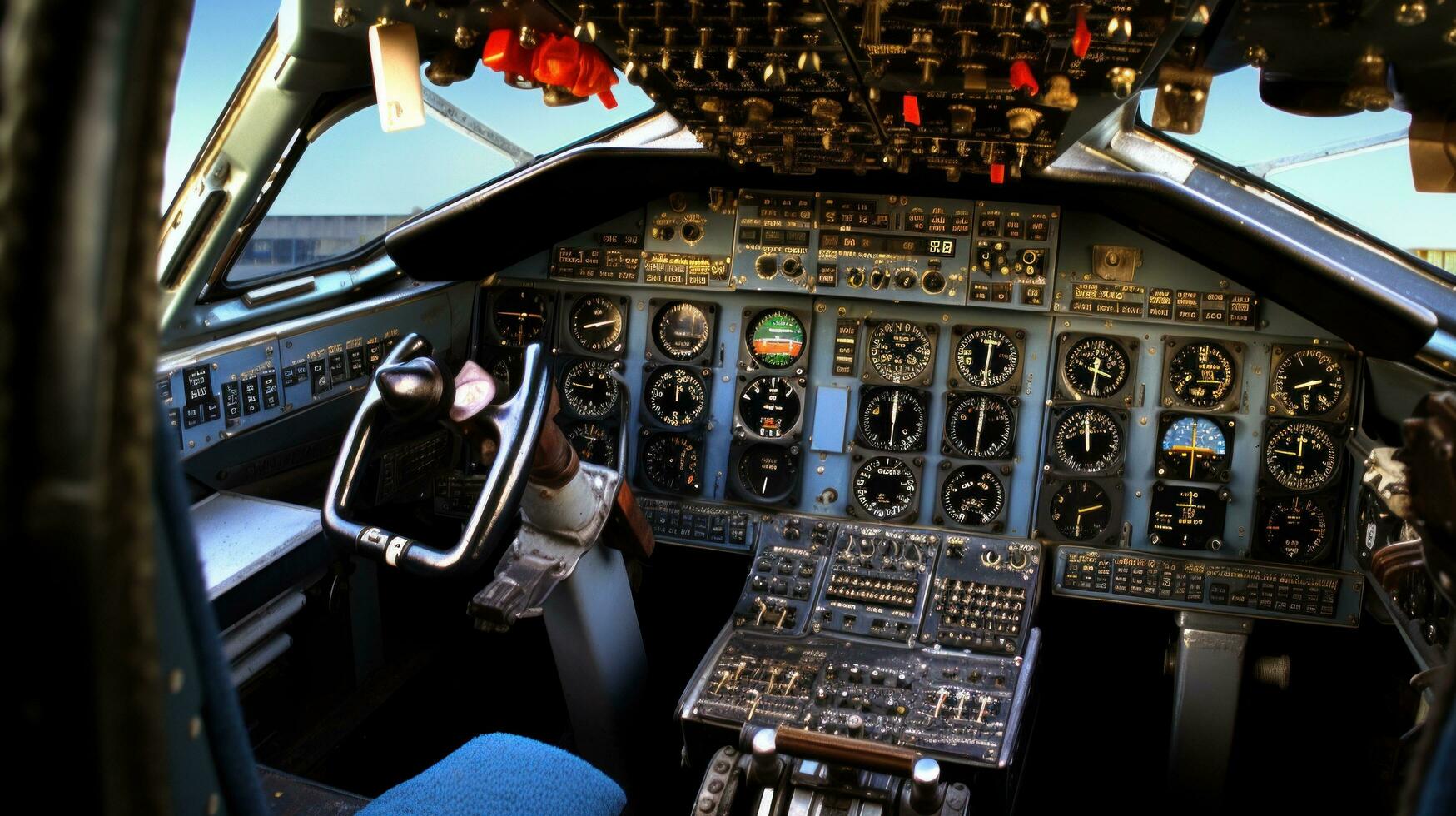 ai generiert Cockpit von ein Flugzeug, zeigen das Instrumente und Kontrollen oben schließen foto