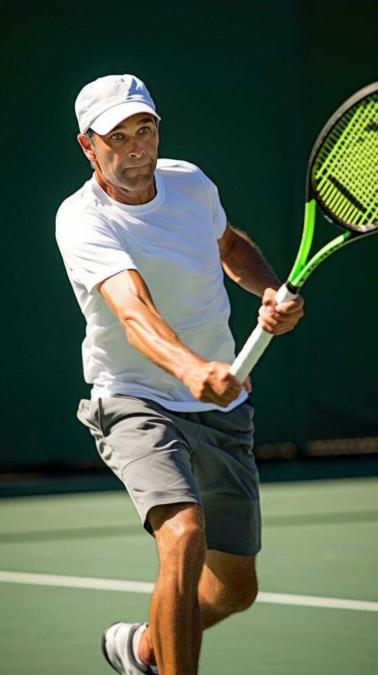 ai generiert ein Tennis Spieler Schlagen ein Vorhand Schuss, mit das Ball im in der Luft und das Gegner sichtbar im das Hintergrund foto