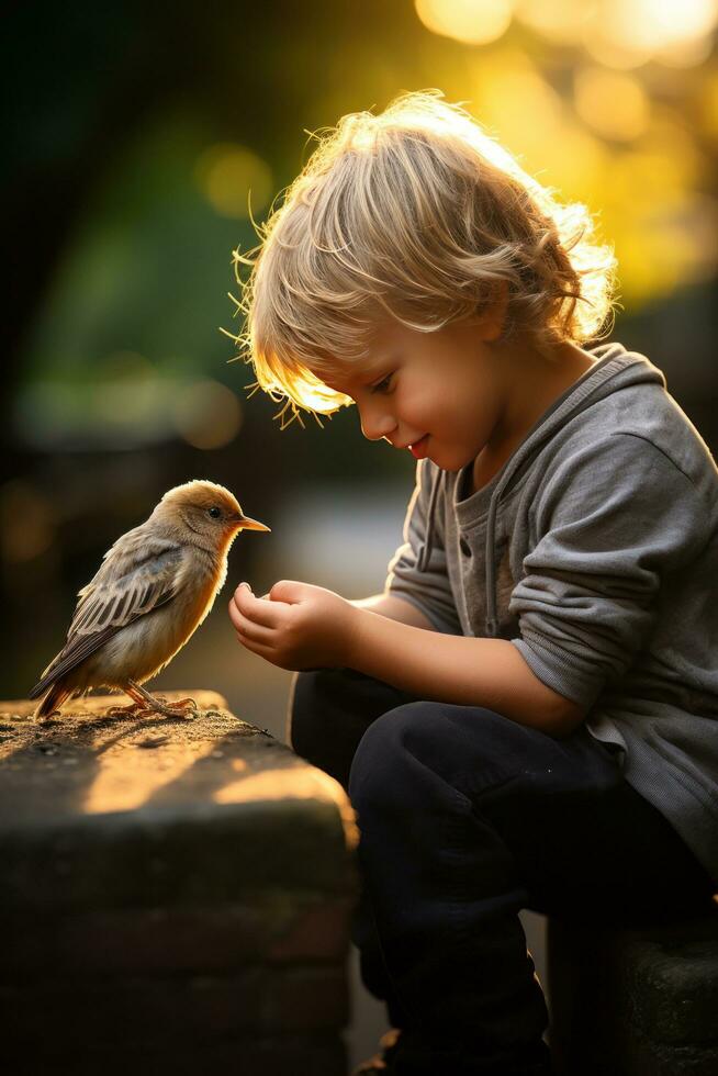 ai generiert ein herzerwärmend Foto von ein jung Junge Fütterung ein Baby Vogel mit ein Tropfer