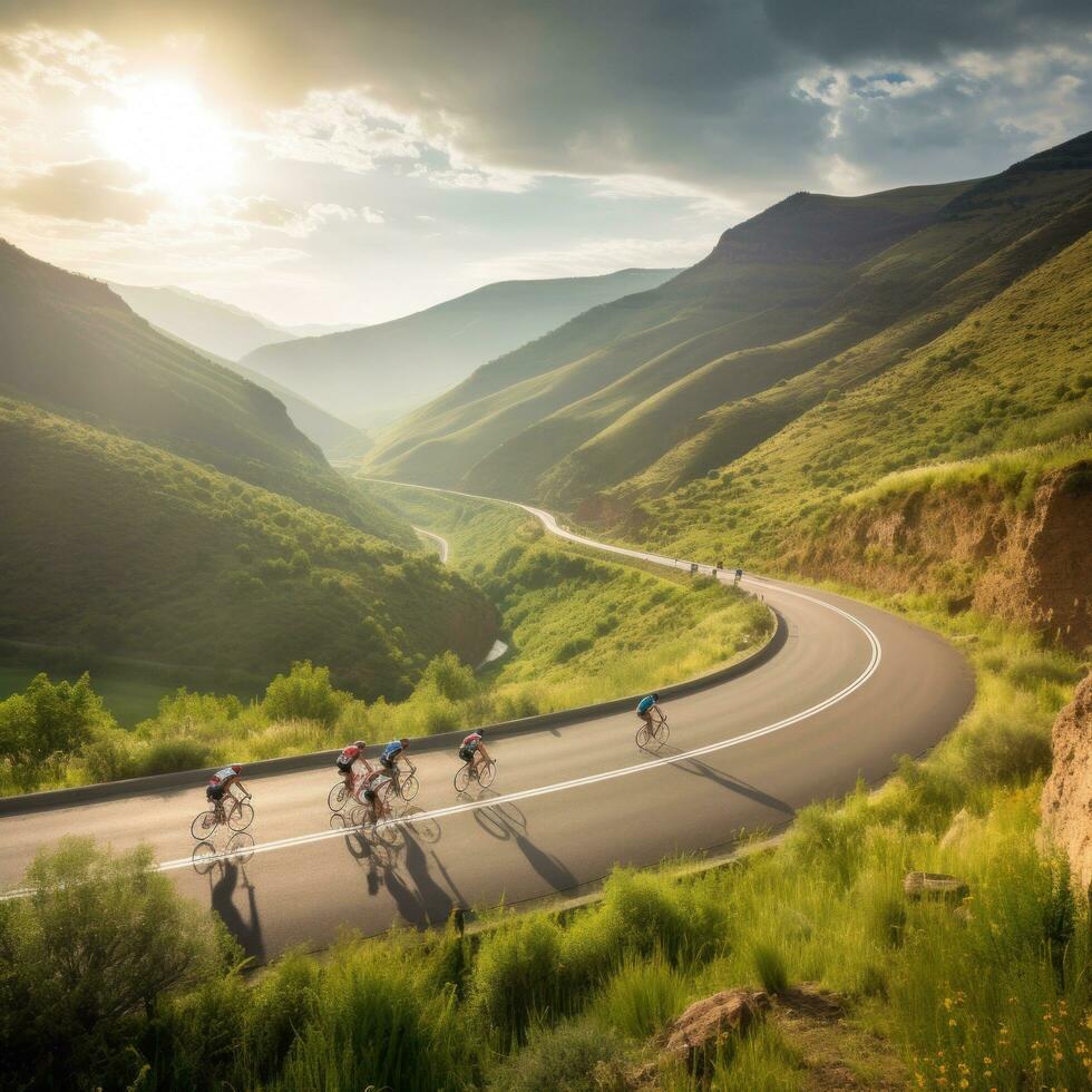 ai generiert Radfahrer Reiten durch ein Wicklung Berg Straße, mit ein schön szenisch Landschaft foto