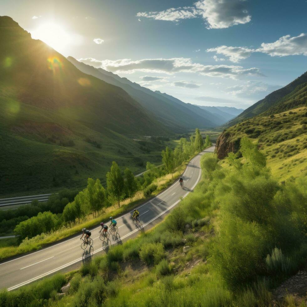 ai generiert Radfahrer Reiten durch ein Wicklung Berg Straße, mit ein schön szenisch Landschaft foto