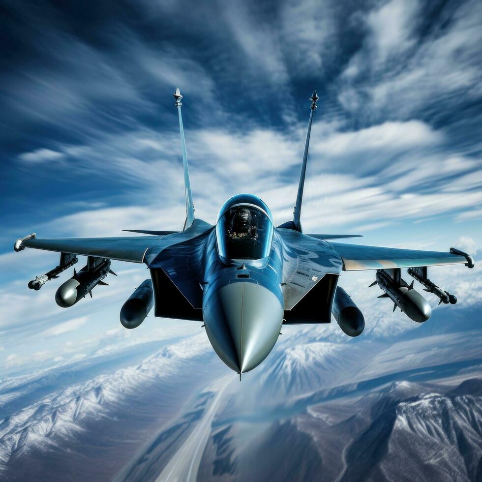 ai generiert Kämpfer Jet fliegend beim hoch Geschwindigkeit gegen ein Blau Himmel Hintergrund foto