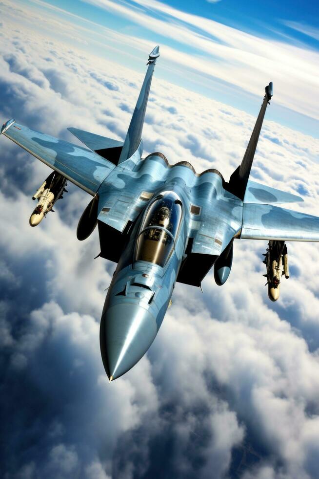 ai generiert Kämpfer Jet fliegend beim hoch Geschwindigkeit gegen ein Blau Himmel Hintergrund foto