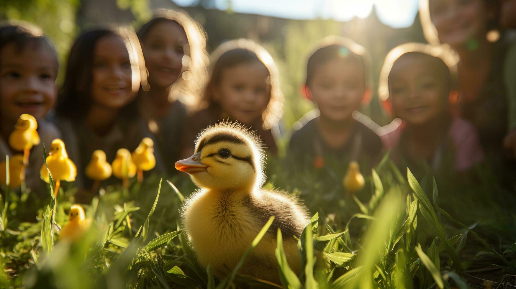 ai generiert Gruppe von Kinder Aufpassen im Scheu wie ein Baby Entlein watschelt um, erkunden es ist Umfeld. foto