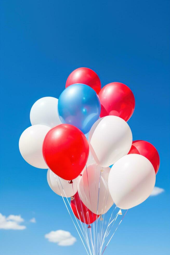 ai generiert Luftballons im patriotisch Farben schwebend gegen ein hell Blau Himmel foto