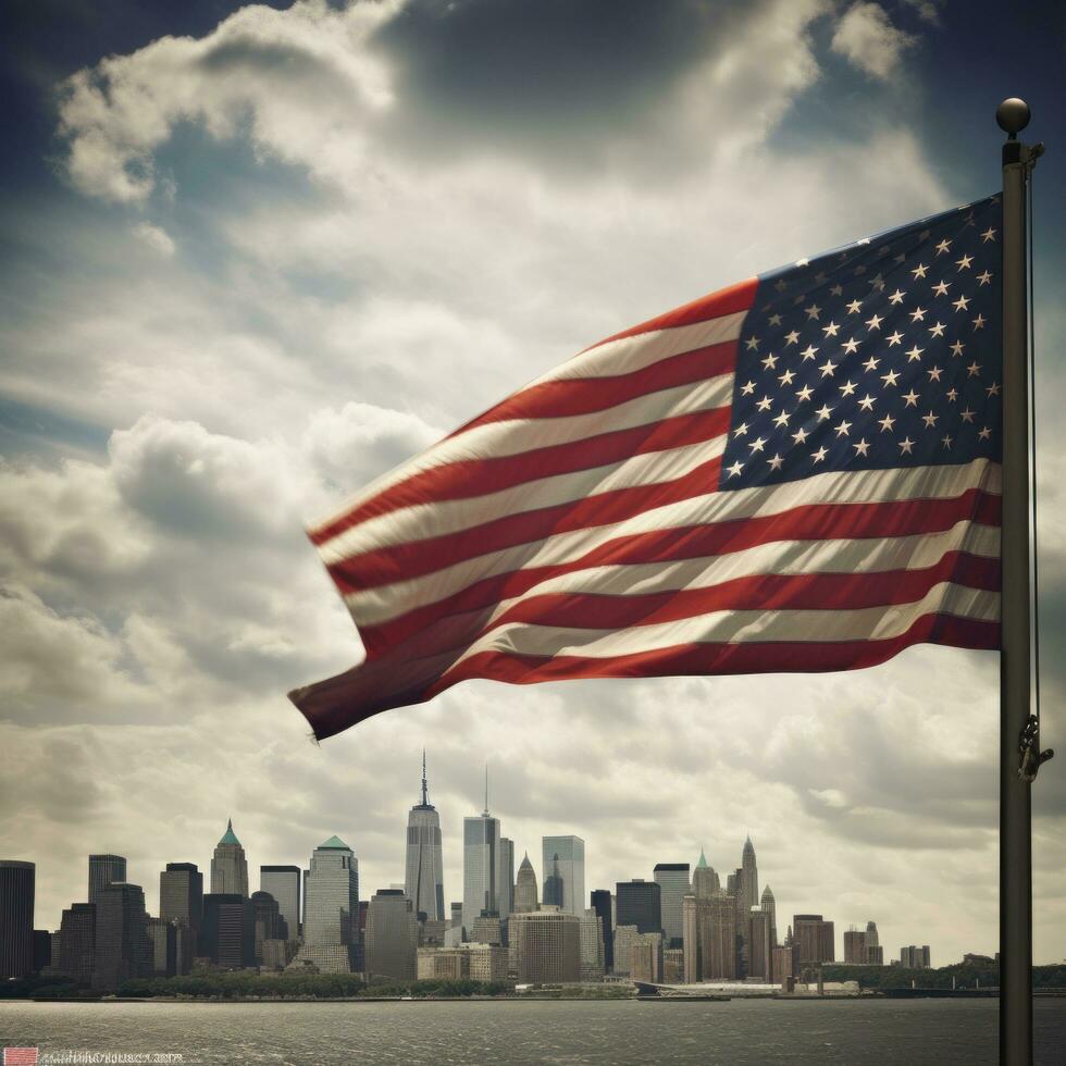 ai generiert ein mächtig Bild von das amerikanisch Flagge winken im Vorderseite von ein modern Stadt Horizont foto