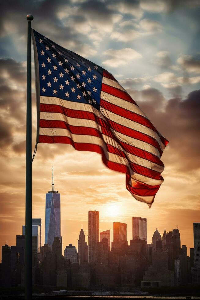 ai generiert ein mächtig Bild von das amerikanisch Flagge winken im Vorderseite von ein modern Stadt Horizont foto