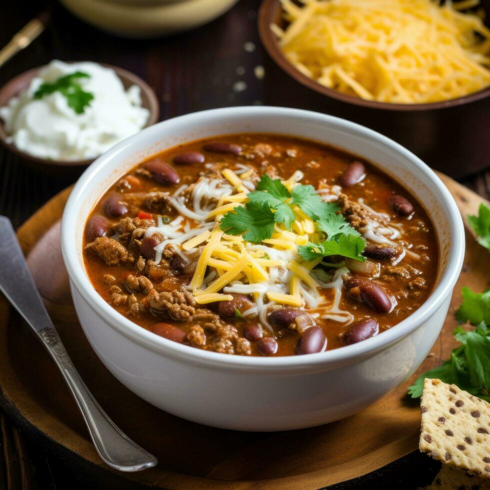 ai generiert ein würzig und aromatisch Chili Suppe mit zärtlich Brocken von Rindfleisch, Bohnen, und ein streuen von gerieben Käse foto