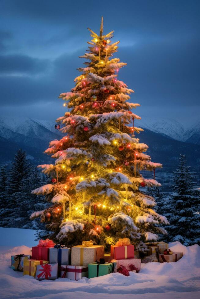 ai generiert ein schön Weihnachten Baum mit bunt Beleuchtung und Ornamente foto