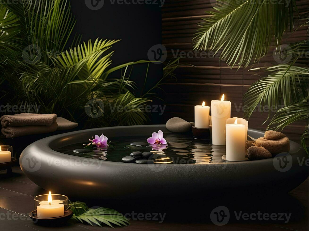 ai generiert Spa Behandlung Aroma Therapie mit Kerzen, Steine und Blumen zum entspannen Wohlbefinden. foto