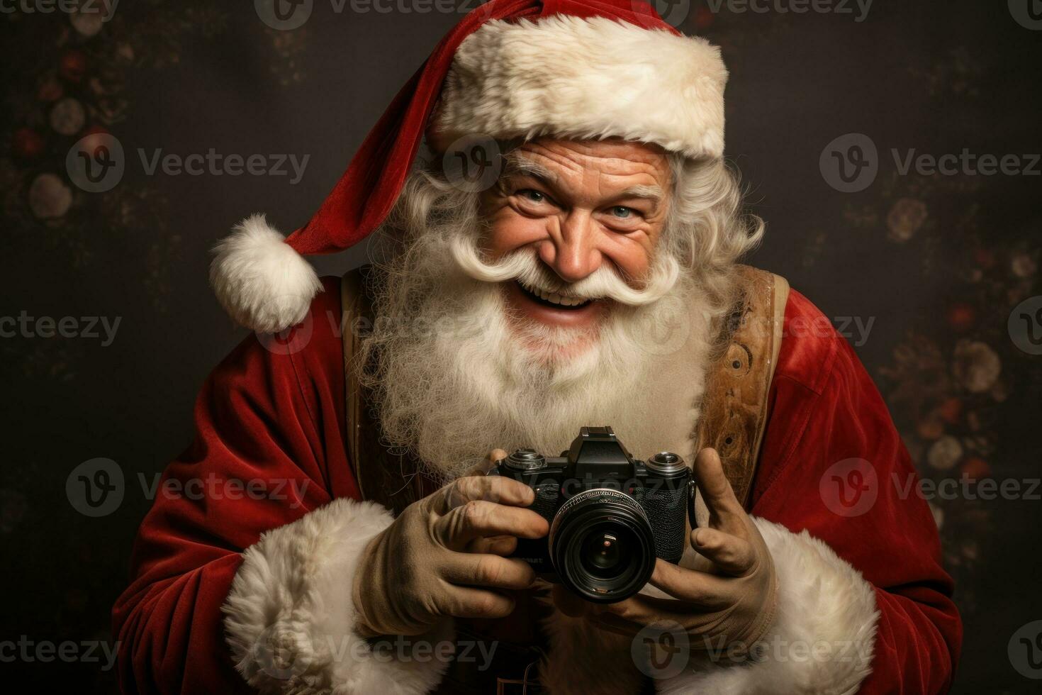 ai generiert Mann Santa claus erfasst das Geist von Feierlichkeiten mit ein Jahrgang Kamera im ein lebhaft Stadt, Weihnachten Hintergrund foto
