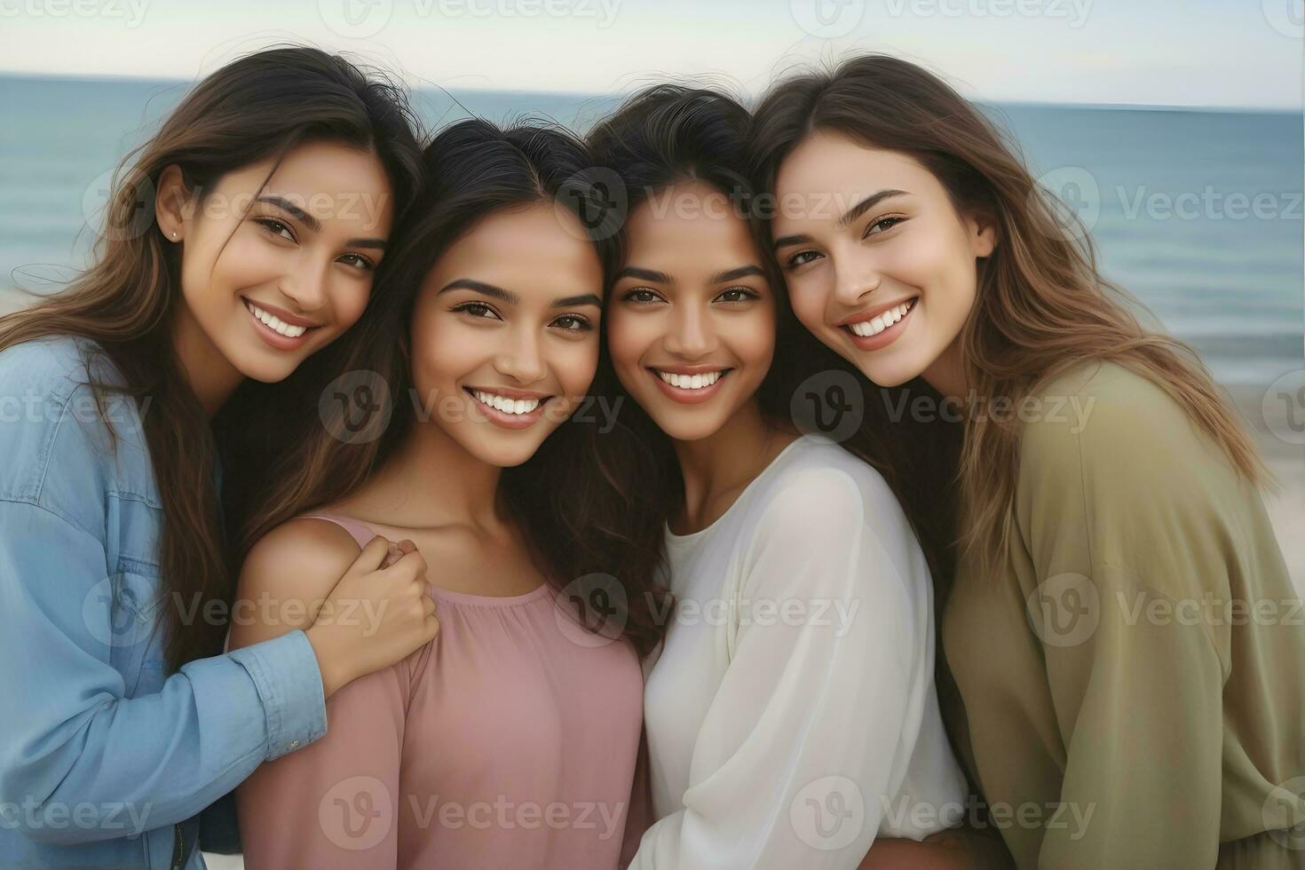 ai generiert schön jung multiethnisch Frauen mit natürlich bilden. Werbung zum weiblich Mode Modelle, Gesicht und Körper Haut Pflege. foto