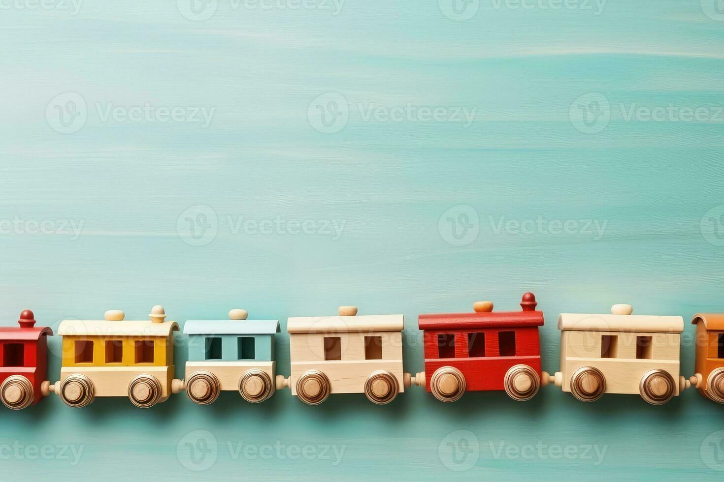 ai generiert hölzern Spielzeug Zug Lokomotive auf Blau Hintergrund mit Kopieren Raum foto