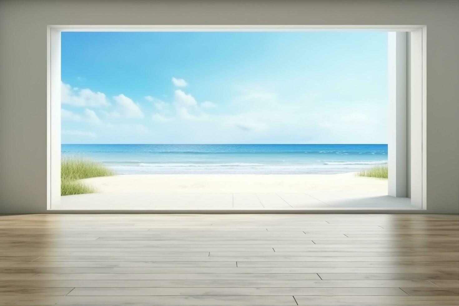 ai generiert Meer Aussicht groß Leben Zimmer von Luxus Sommer- Strand Haus mit leeren hölzern Boden. Innere 3d Illustration im Ferien Zuhause oder Urlaub Villa. Erzeuger ai. foto