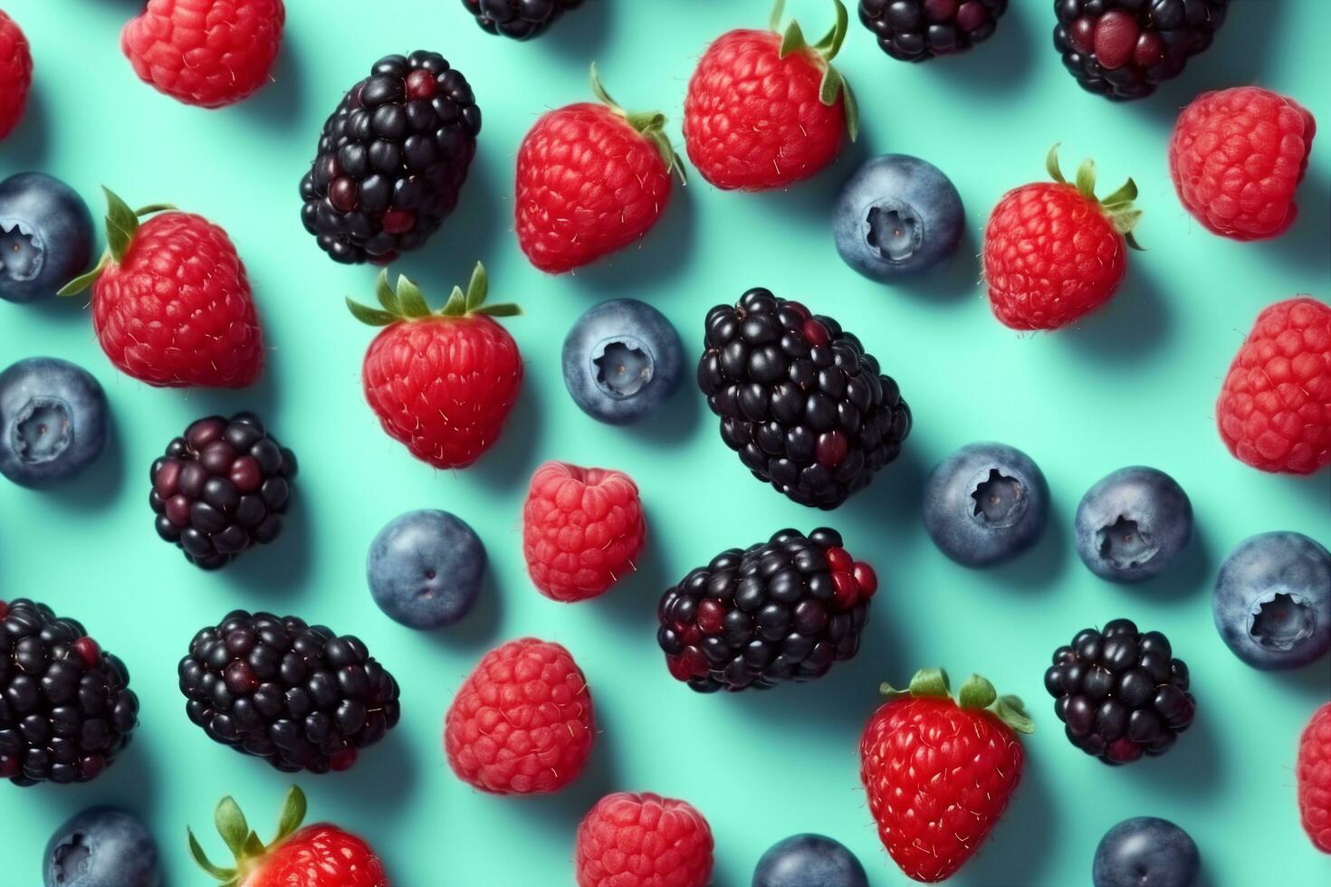 ai generiert bunt Obst Muster von wild Beeren auf Blau Hintergrund. Himbeeren, Blaubeeren und Brombeeren. oben Sicht. eben legen. generativ ai. foto