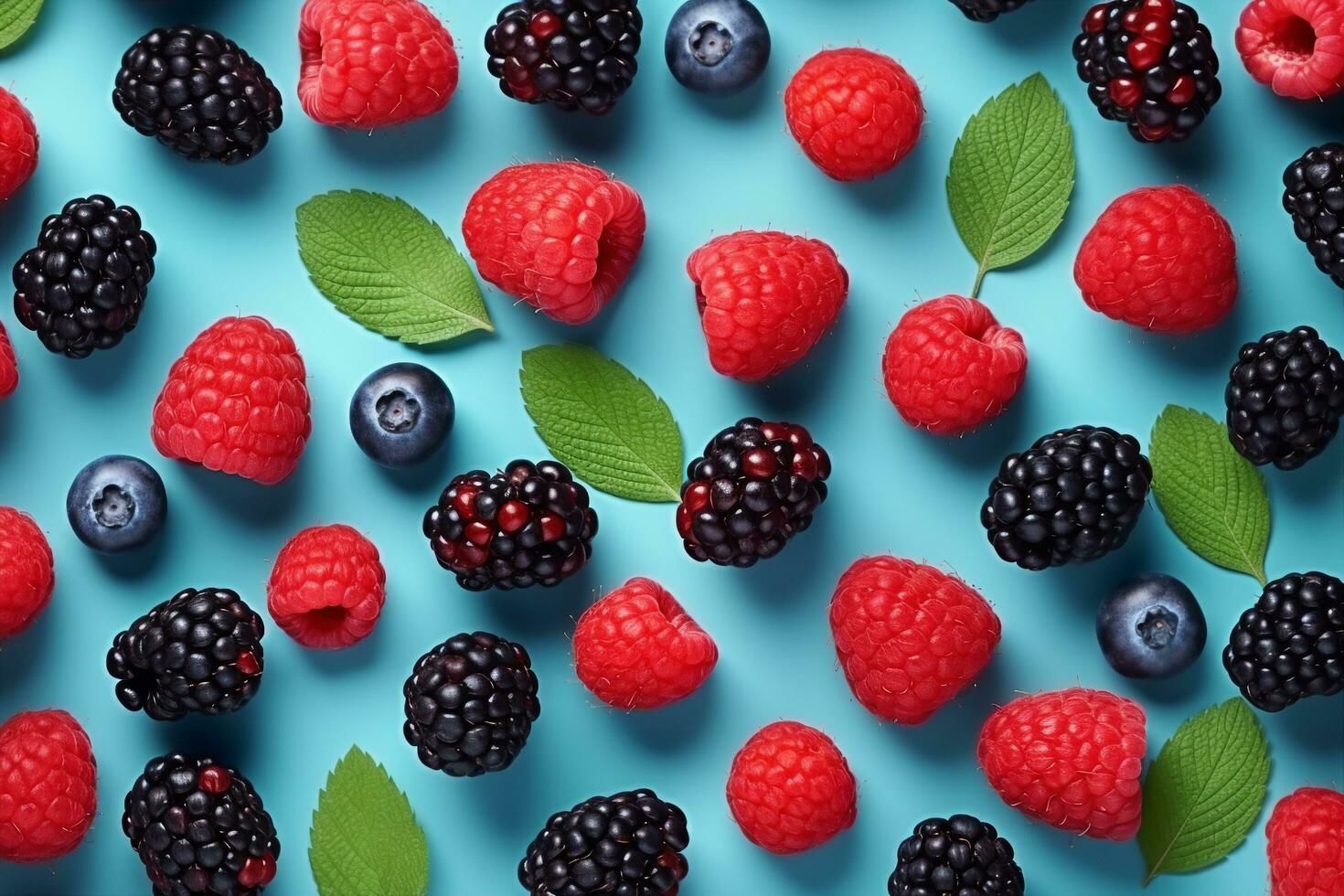 ai generiert bunt Obst Muster von wild Beeren auf Blau Hintergrund. Himbeeren, Blaubeeren und Brombeeren. oben Sicht. eben legen. generativ ai. foto