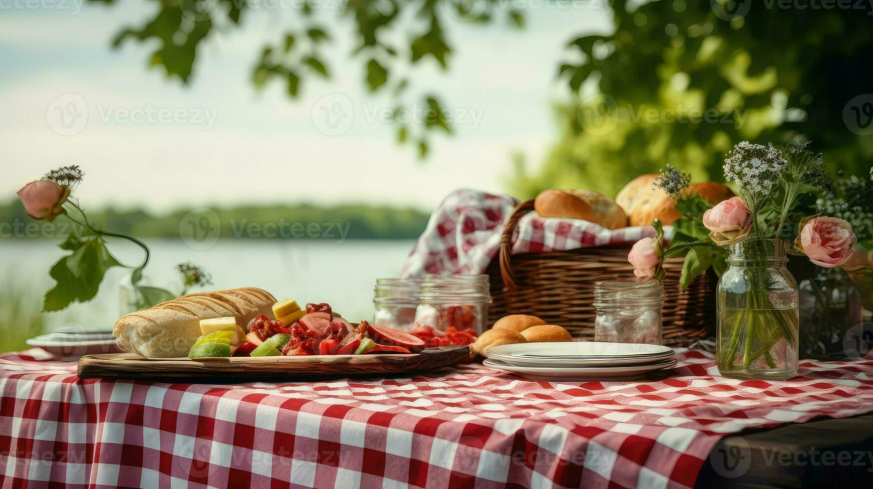 ai generiert Versammlung Tischdecke Picknick Essen foto
