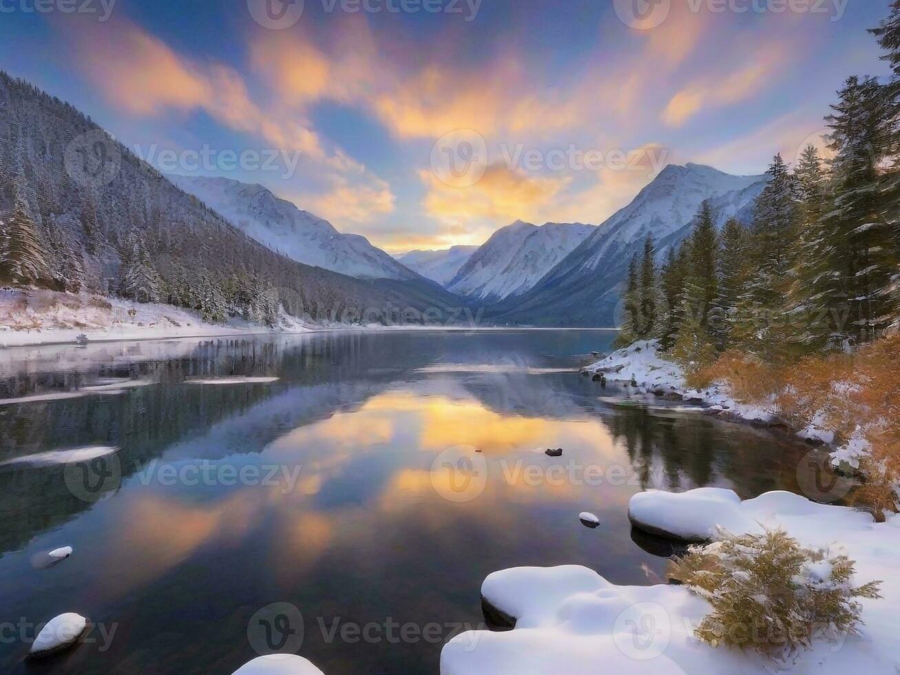 ai generiert szenisch Aussicht von gefroren See gegen Himmel während Winter foto