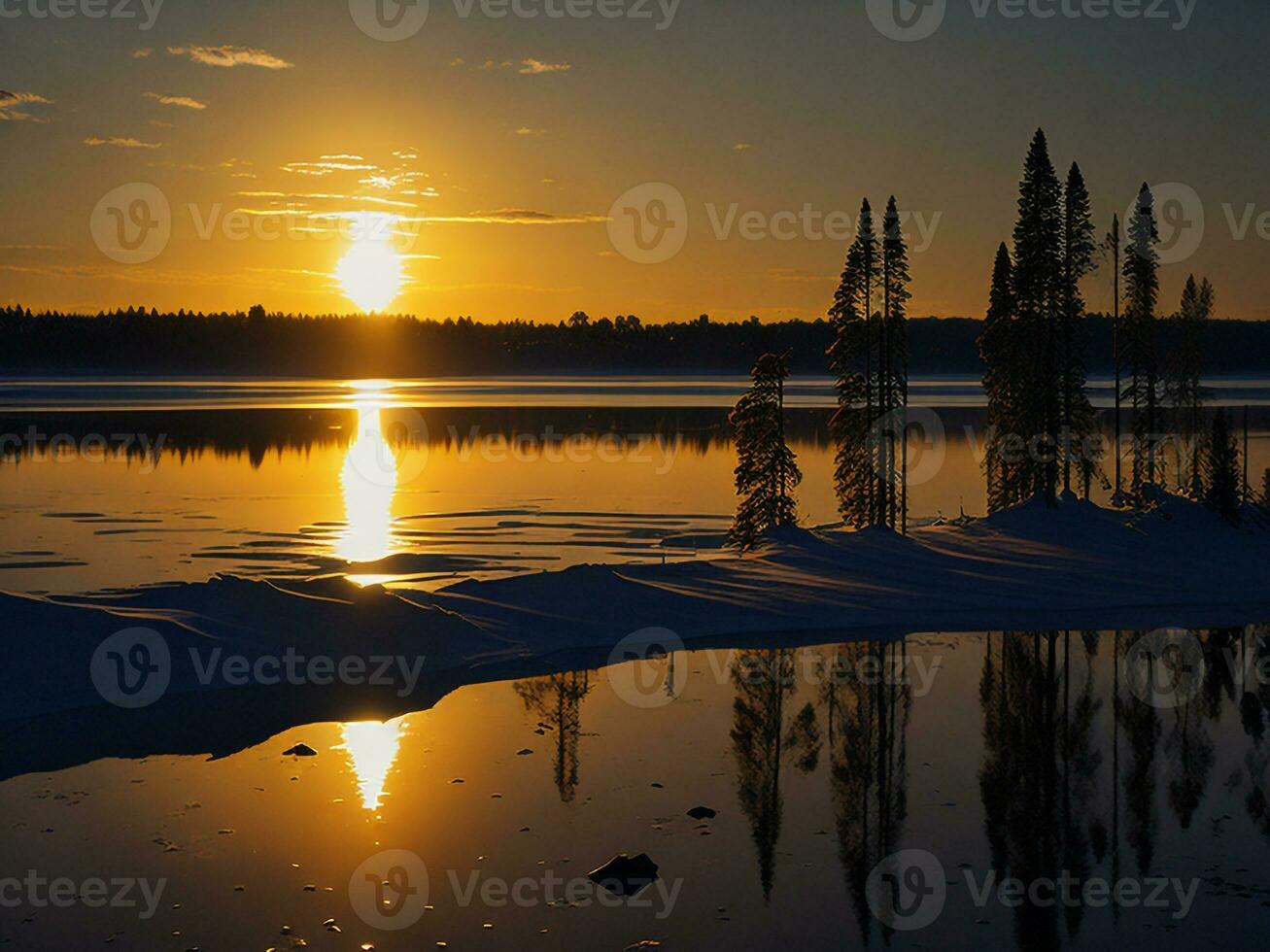 ai generiert ein Bild von ein beschwingt Sonnenuntergang Über ein heiter See, mit bunt Reflexionen schimmernd auf das Wasser mit Schnee foto