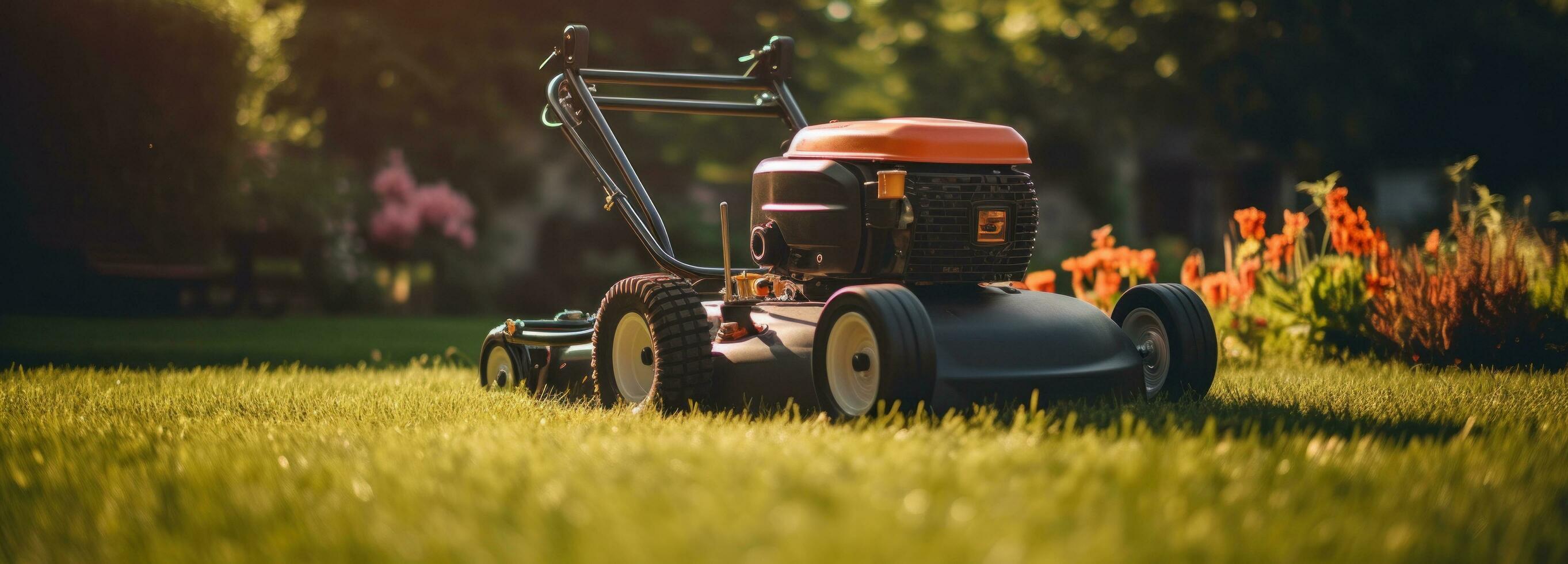 ai generiert Rasen Mäher im Garten auf Tag foto