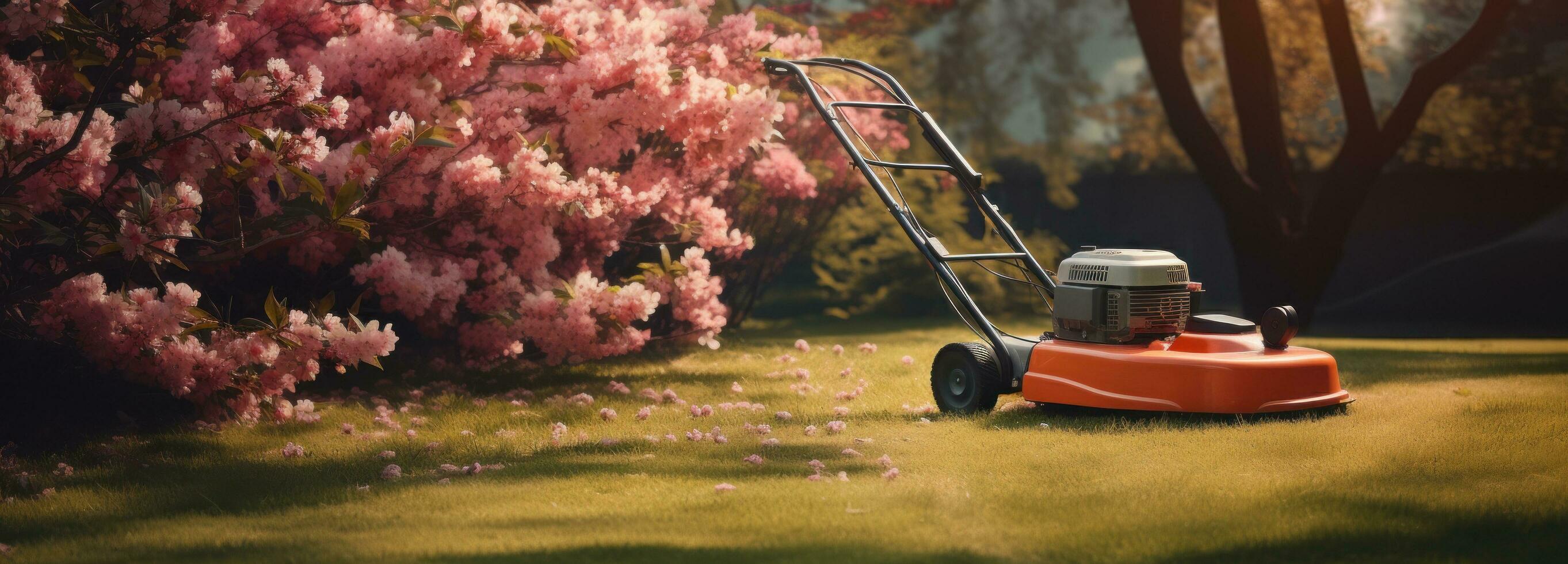 ai generiert Rasen Mäher im Garten auf Tag foto