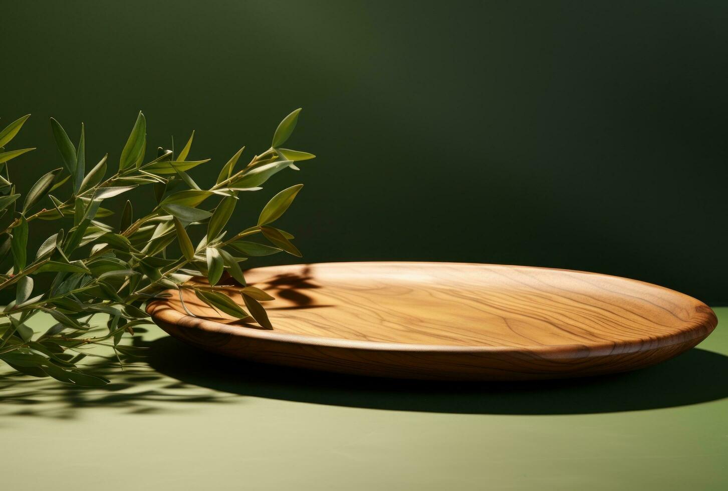 ai generiert ein Olive Holz Carving Teller Sitzung auf Grün Blätter Hintergrund foto