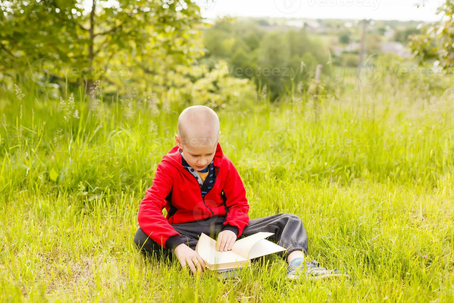 Porträt von ein Junge Sitzung mit ein Buch im das Park foto