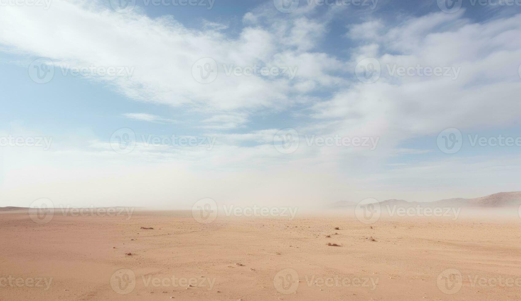 ai generiert verstreut Wolken nebelig Himmel Über eben Wüste Landschaft foto