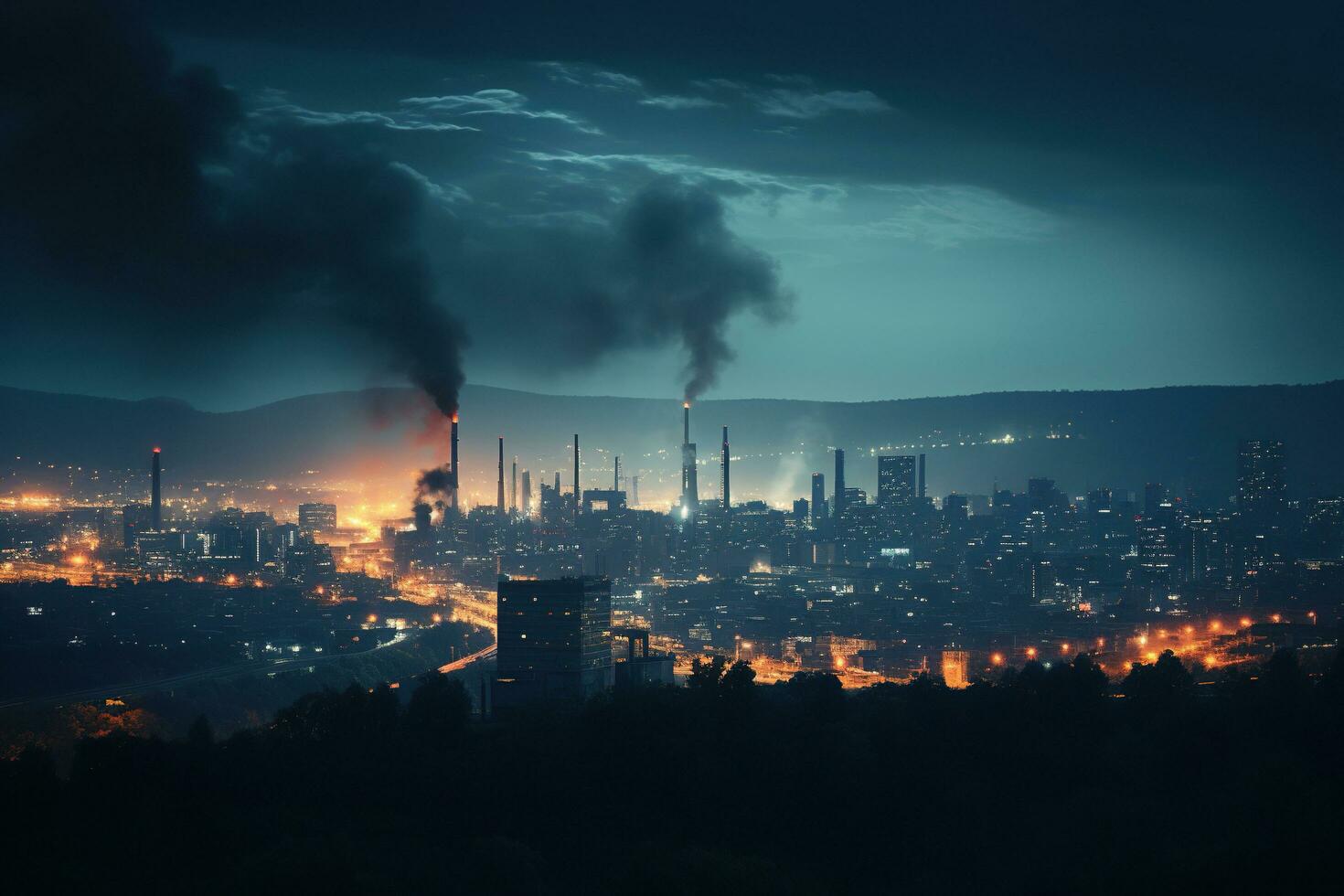 ai generiert ein Stadt mit Fabriken und Fabriken Das verschmutzen das Luft. Rauch von das Rohre. Umwelt Schutz. generiert durch künstlich Intelligenz foto