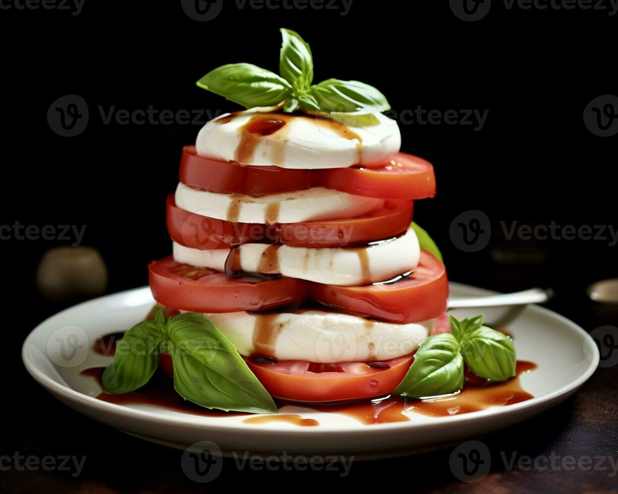 ai generiert ungewöhnlich Caprese Salat Nahansicht mit Schichten von Tomate, Mozzarella Käse und Basilikum foto