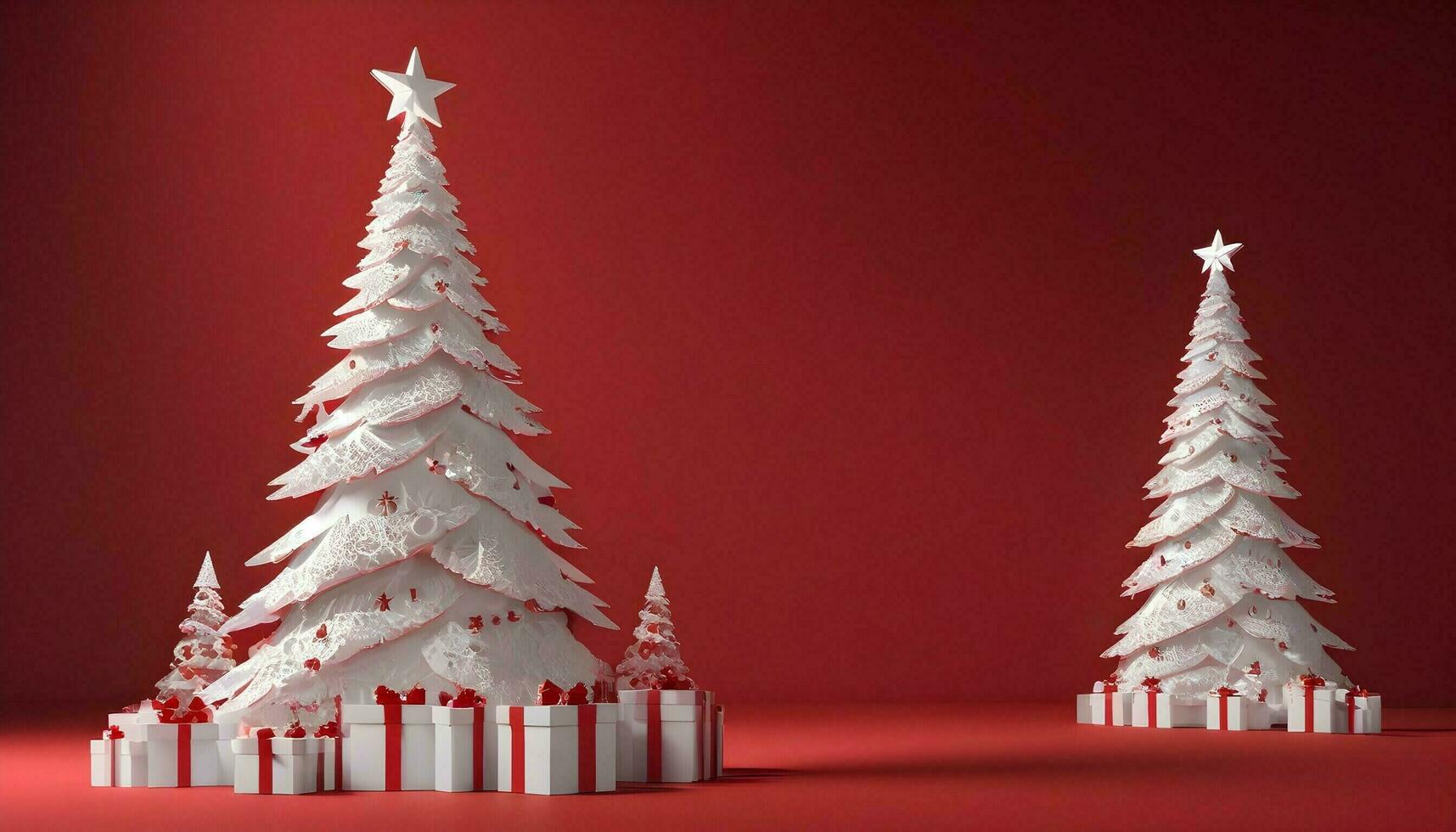 ai generiert fröhlich Weihnachten Baum Weiß auf rot Hintergrund Hintergrund foto