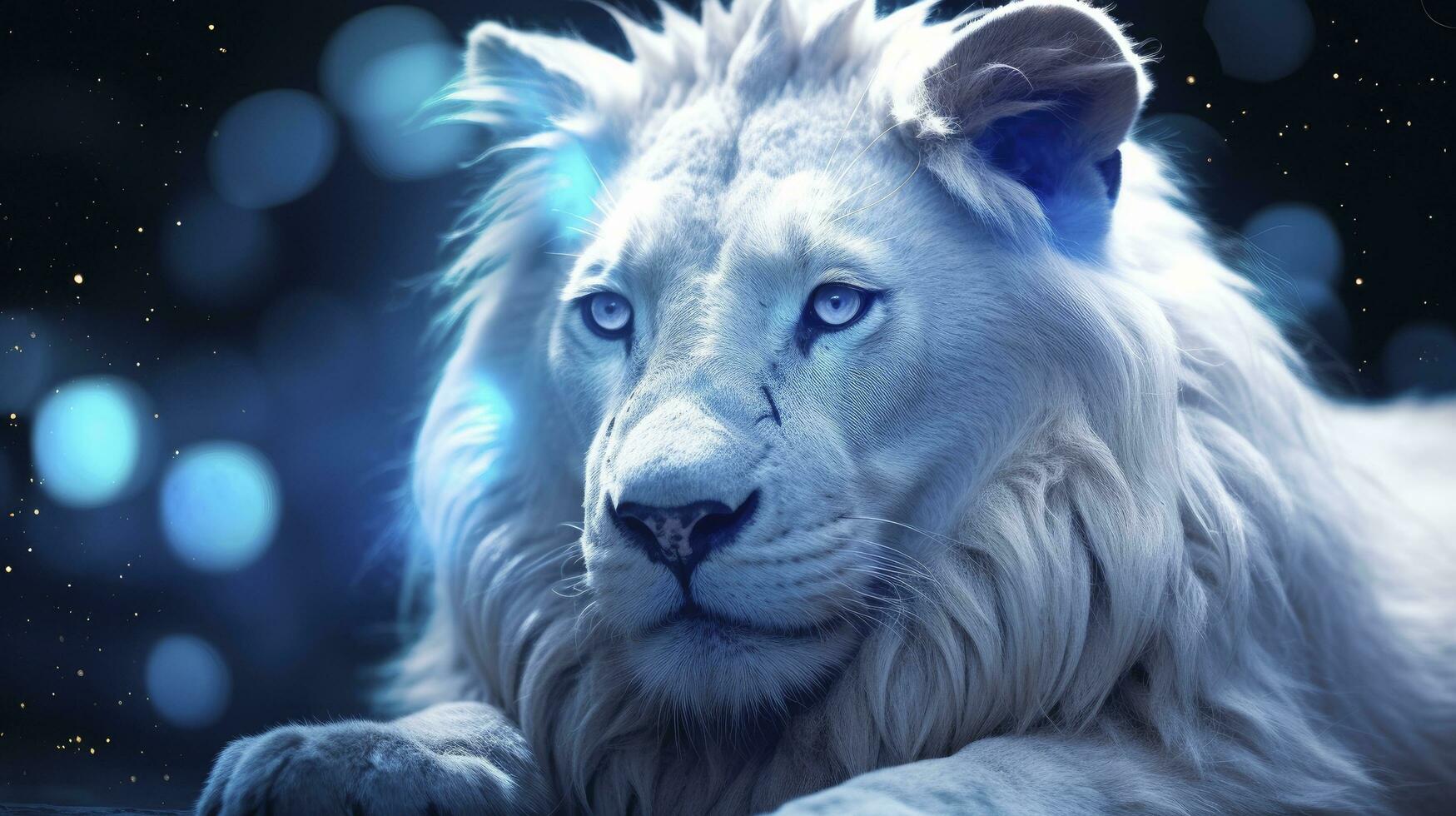 ai generiert ein Weiß Löwe gefangen im Blau irisierend Farbtöne, dunkel romantisch Stil, Nahansicht Schüsse, mit funkeln, Bokeh, und ein sauber, minimalistisch ästhetisch. foto