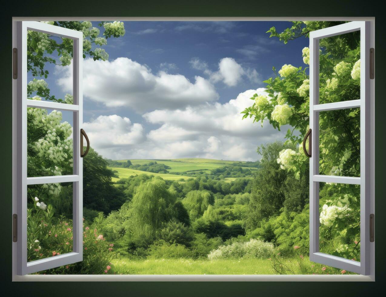 ai generiert Umarmen Natur Panorama- Aussicht von ein ländlich Sommer- Feld durch ein geöffnet Fenster, bringen das Schönheit von das draußen innen. foto