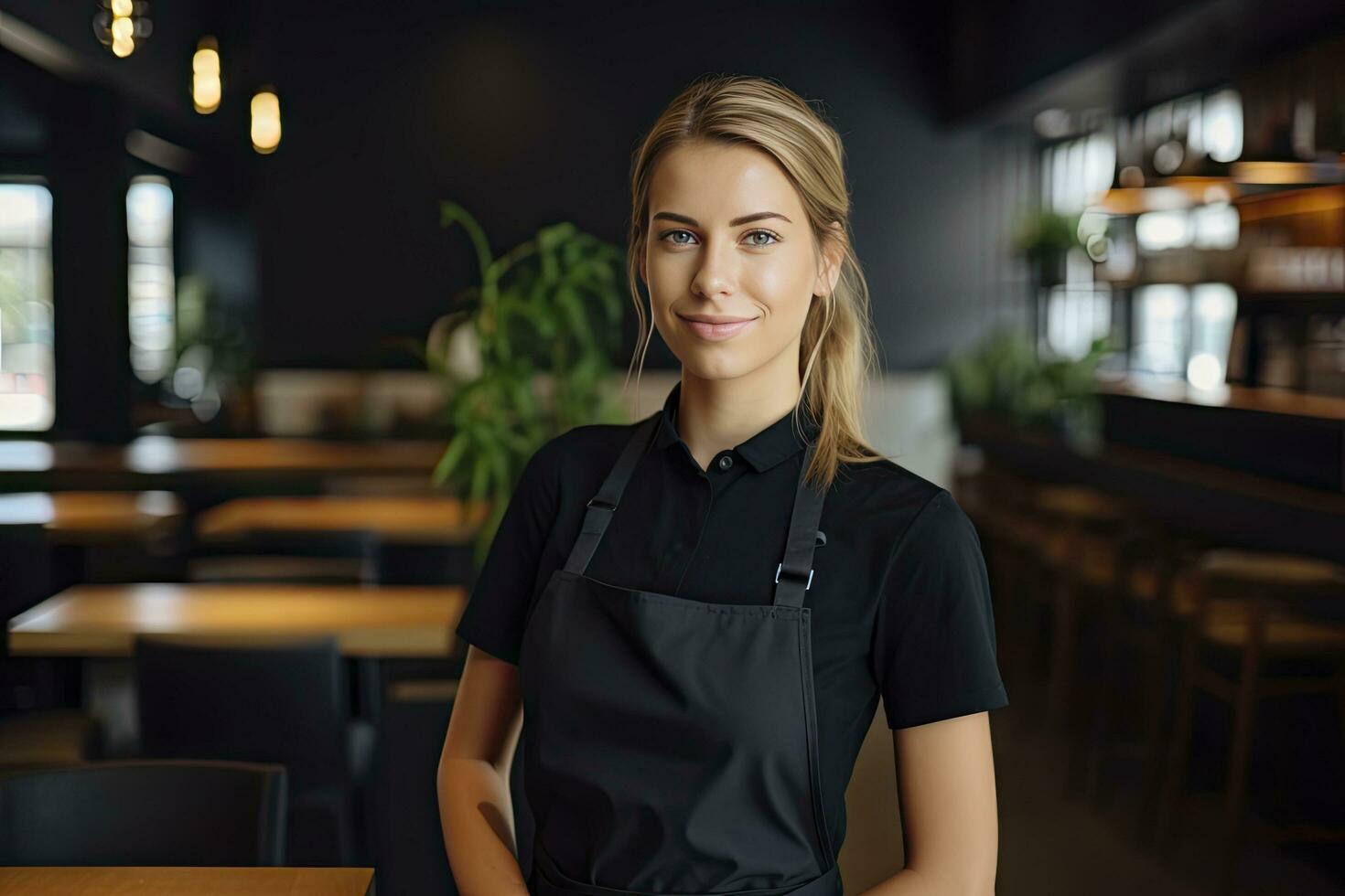 ai generiert weiblich Kellnerin im ein schwarz Kleid und Schürze Stehen im Restaurant foto