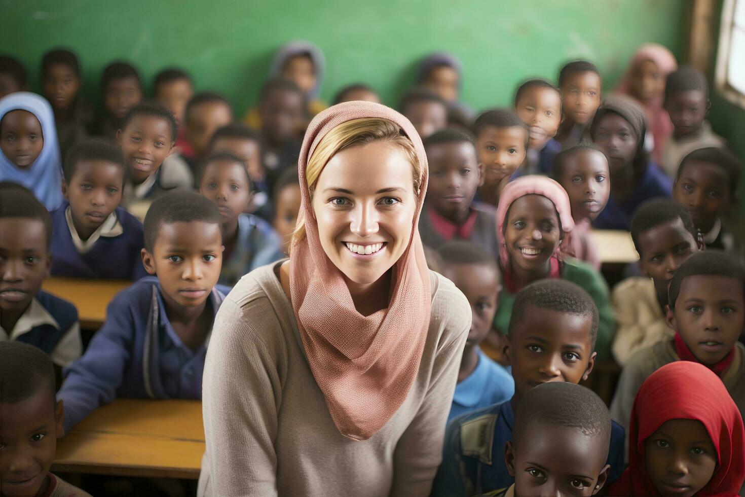 ai generiert glücklich Lehrer mit Schüler im Klassenzimmer foto