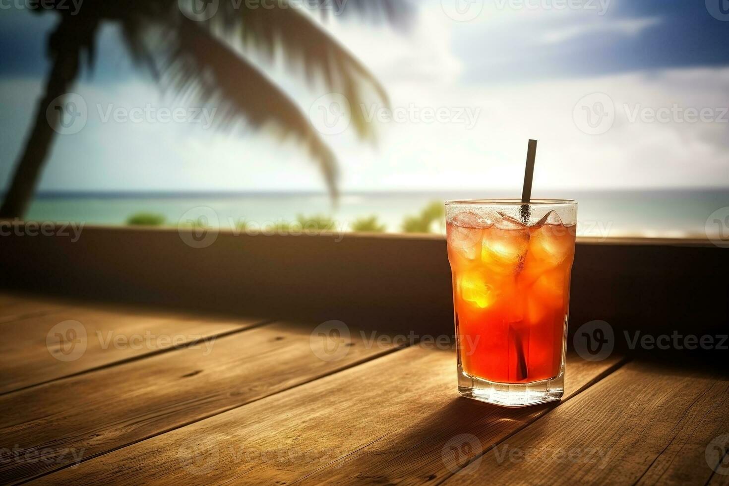 ai generiert Schreibtisch von kostenlos Raum mit frisch Saft Cocktail auf das Strand. Ferien Hintergrund. ai generiert foto