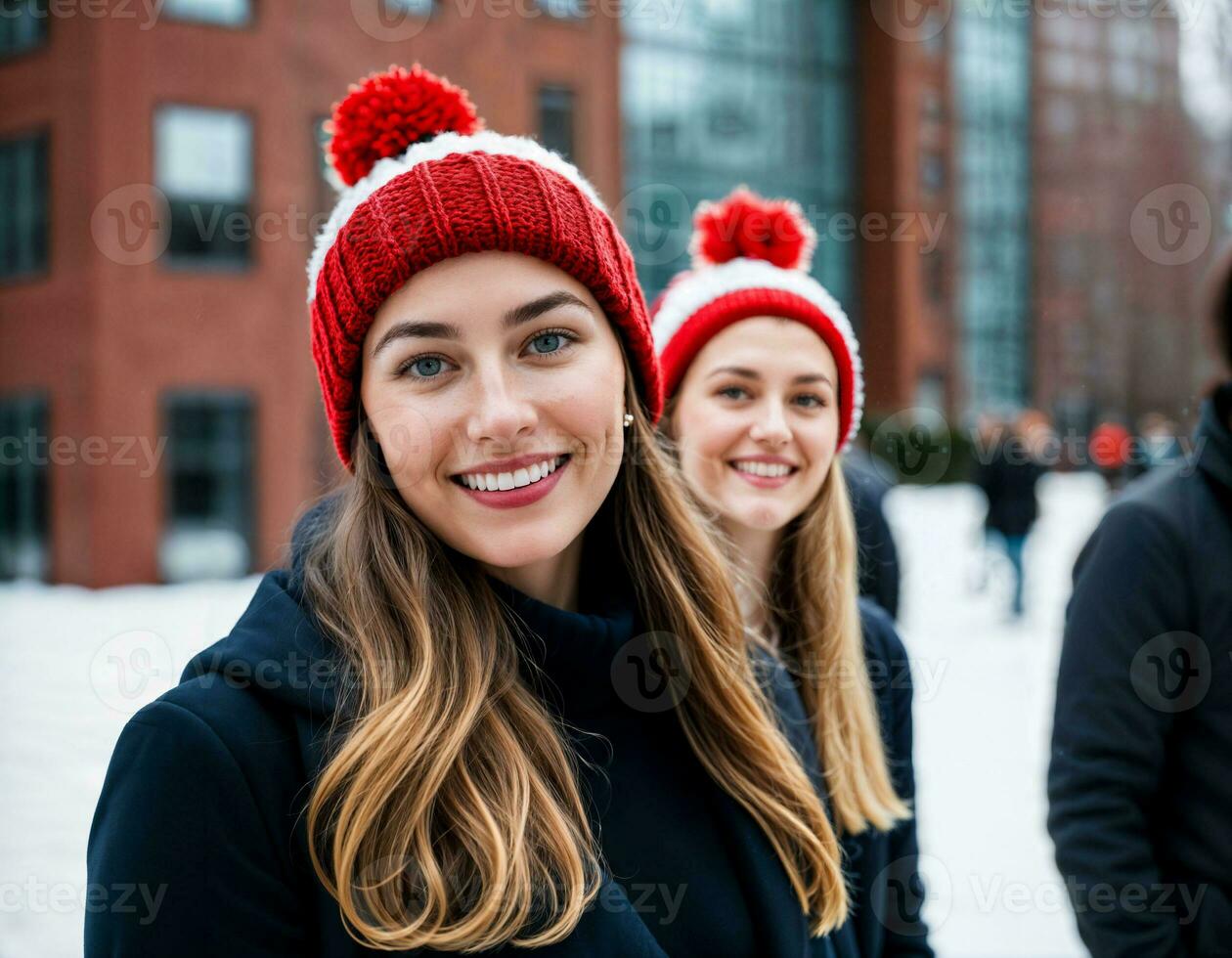 ai generiert Foto von schön Frau mit blond Haar und Mütze Hut mit glücklich Gefühl während Winter Jahreszeit, generativ ai