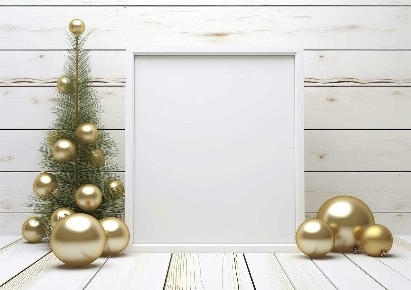 ai generiert Weihnachten Komposition schwarz Rahmen und Weihnachten Baum golden Bälle auf Holz Hintergrund foto