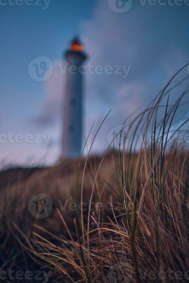 Leuchtturm im das Hintergrund beim das Dünen von das dänisch Küste foto