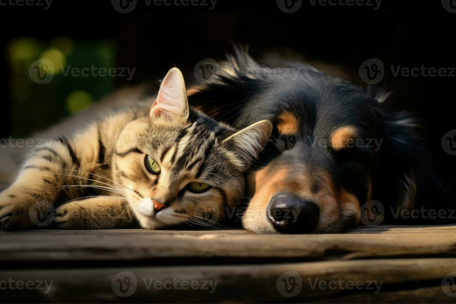 ai generiert ein Hund und ein Katze Lügen Nieder zusammen, niedrig Winkel Schuss, ai generativ foto