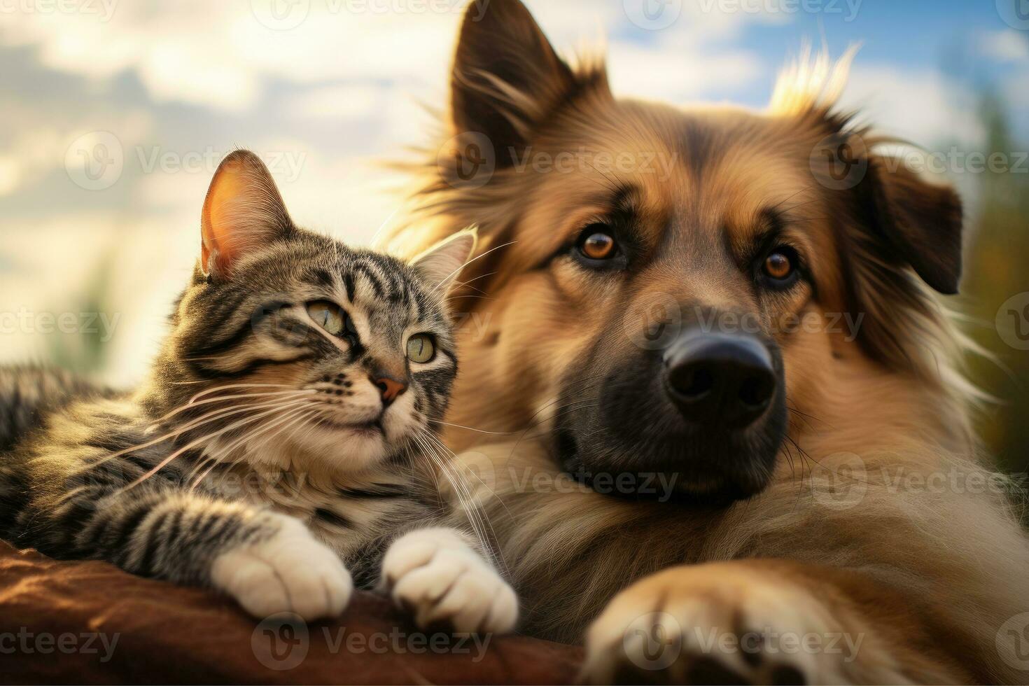 ai generiert ein Hund und ein Katze Lügen Nieder zusammen, niedrig Winkel Schuss, ai generativ foto