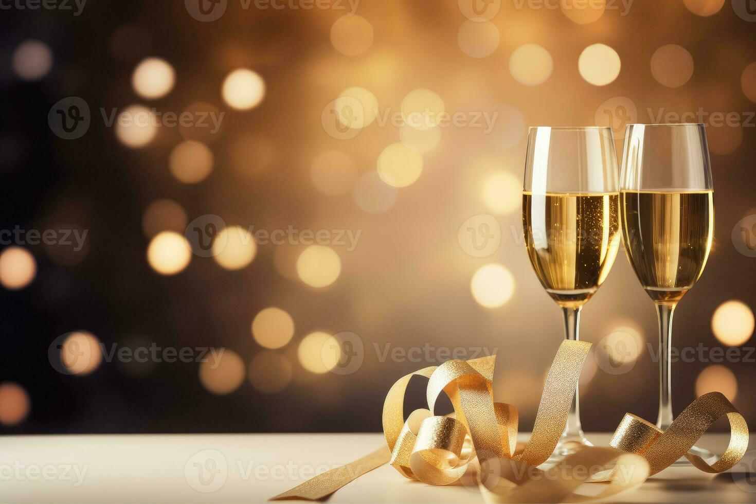 ai generiert zwei Brille von Champagner mit elegant gebogen göttlich Geschenk Band, Bokeh Hintergrund, ai generativ foto
