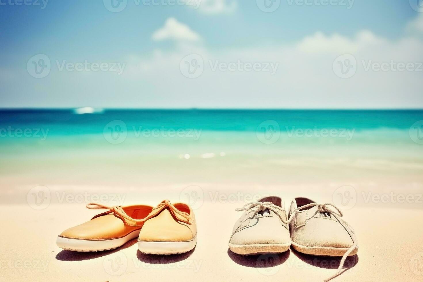 ai generiert Schuhe auf das Strand. Sommer- Ferien Hintergrund. ai generiert foto