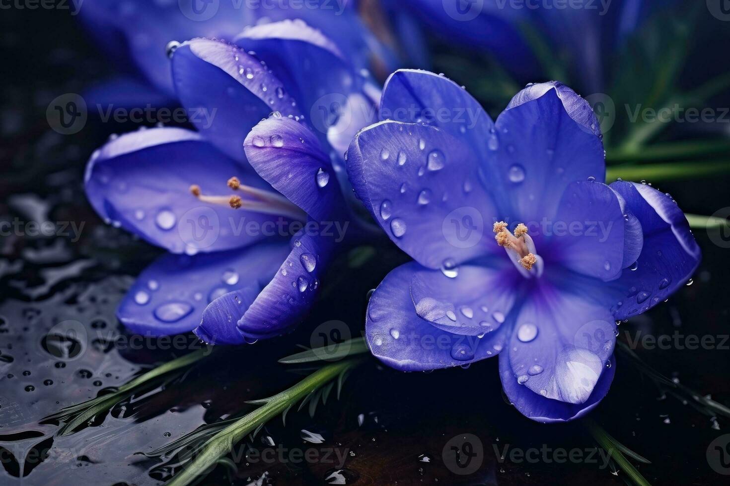 ai generiert Frühling Blumen von Blau Krokusse mit Tropfen von Wasser foto