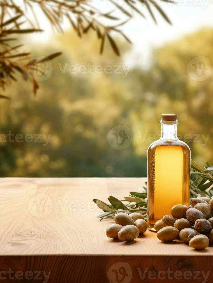 ai generiert alt hölzern Produkt Anzeige Tabelle mit natürlich Grün Olive Feld und Olive Öl foto